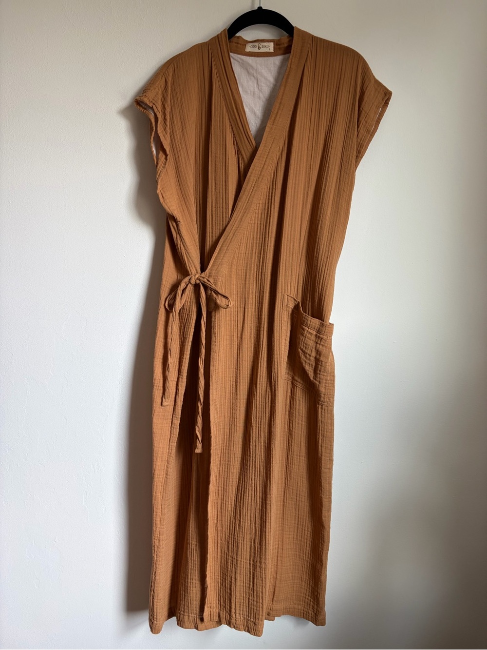 Oddbird sustainable Wrap-Front Cotton Gauze robe/ wrap dress in Caramel